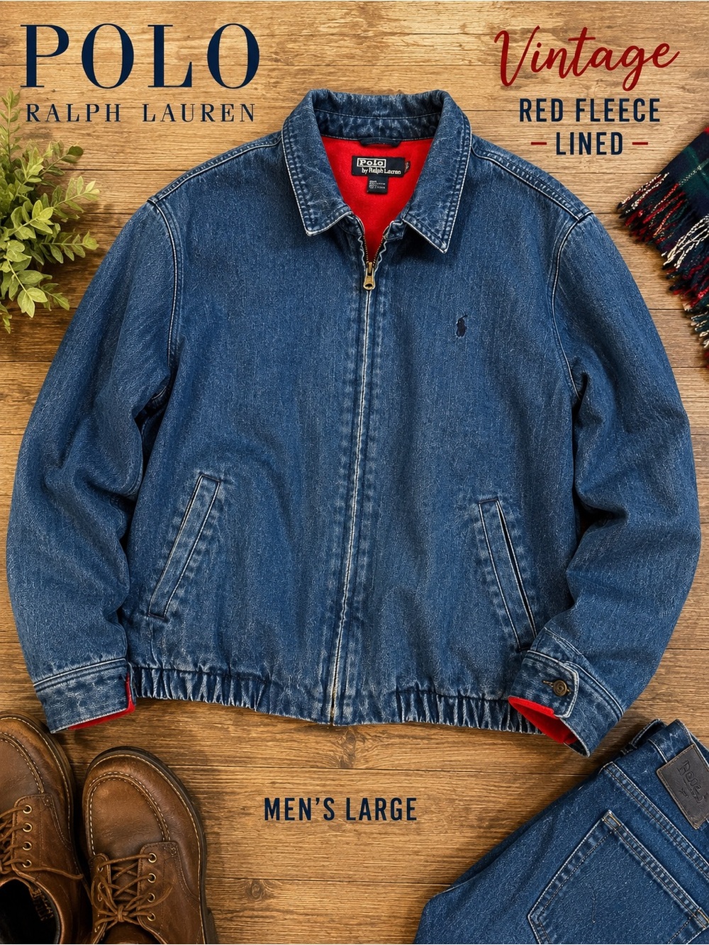 Vintage Polo Ralph Lauren Men’s Denim Harrington Jacket Red Fleece Size Large